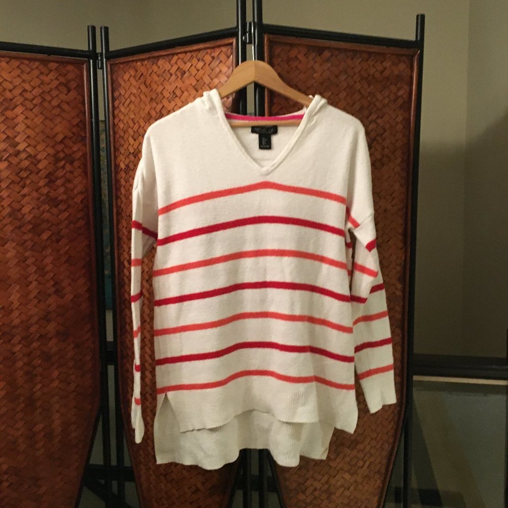 Rachel Zoe Candy Cane Striped Hooded Sweater S Red White Nubby Knit V-Neck